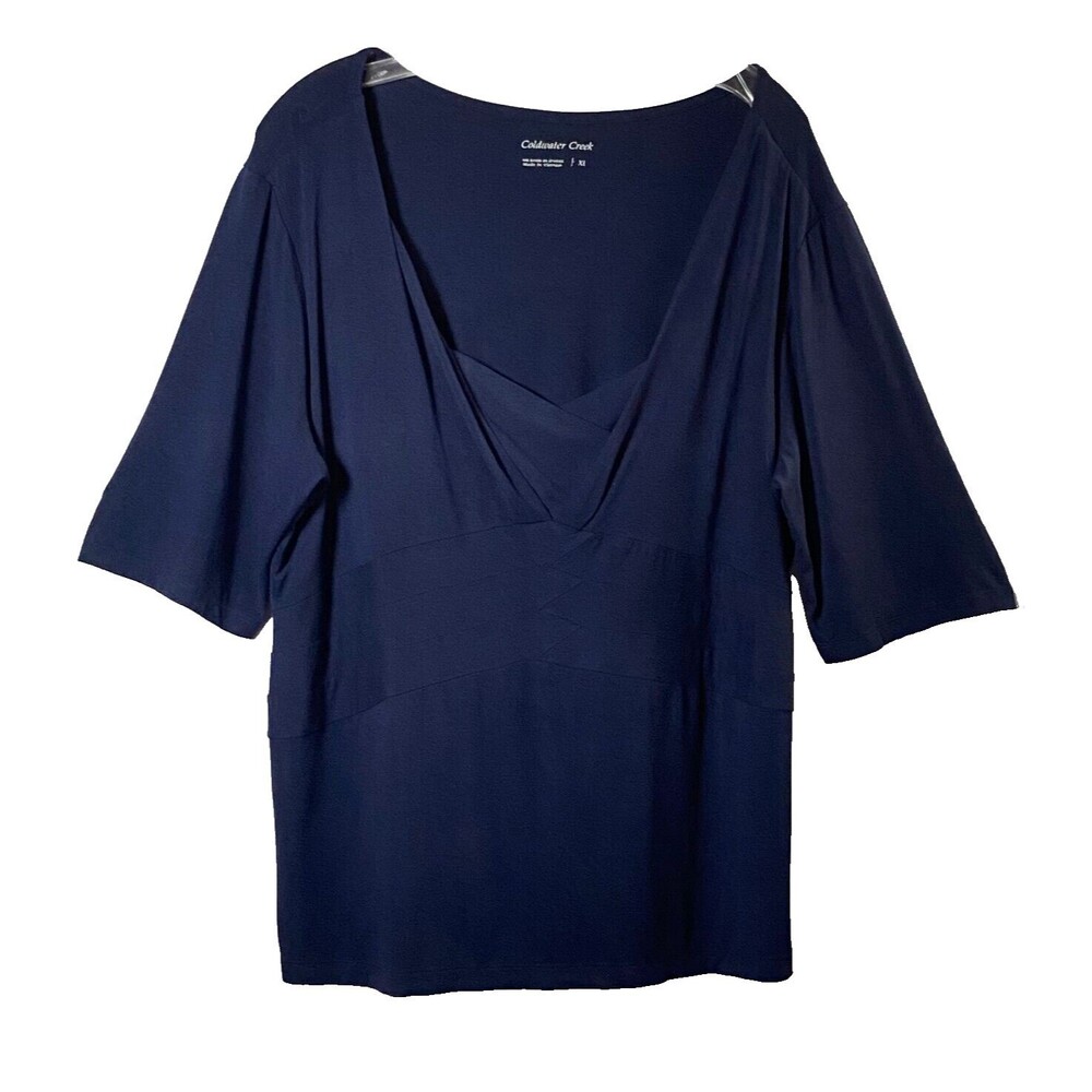 Coldwater Creek Knit Top Women XL Dark Navy Blue Concealed Neckline Seamed Waist